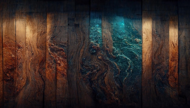 Texture of old wood from boards with blue epoxy resin wooden\
background blue liquid resin 3d illustration