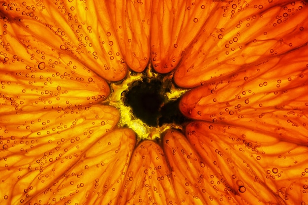 The texture of the orange under the water, covered with air bubbles.