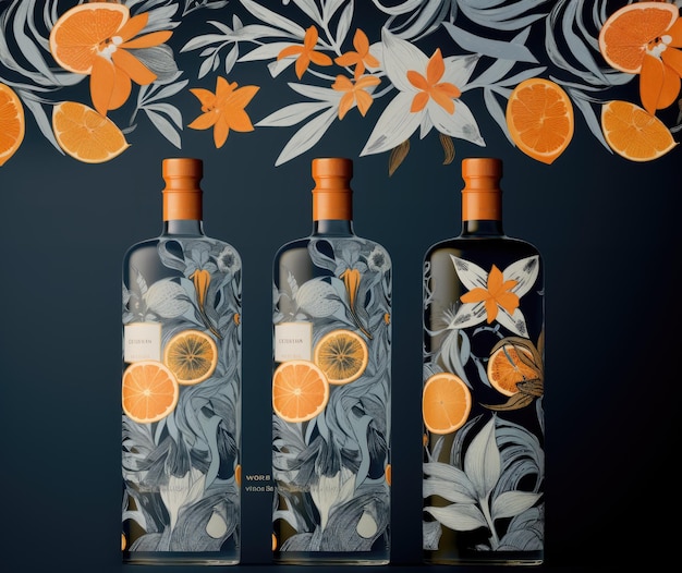 Photo texture painting of wine bottles with blue background and black and white flowers and lemon slices