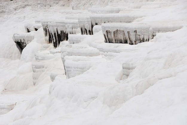 Texture of Pamukkale famous blue travertine pools and terraces