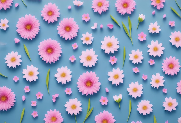 Photo texture of pink flowers on a blue background illustration generative ai