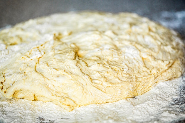 Texture of rolled dough Background of the dough for baking Fresh raw dough for pizza or bread baking Closeup fermented doughs homemade Macro selective focus raw dough texture backdrop