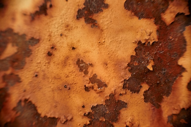 Texture of rusty metal with paint peeling off the metal due to corrosion.