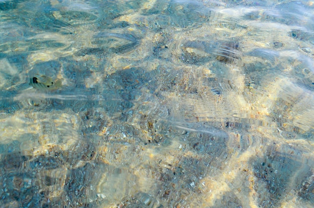 海のテクスチャーは透き通った水と砂底 背景