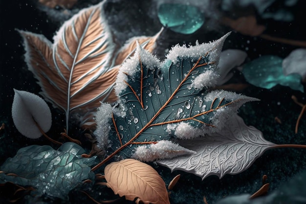 Texture of some leaves covered with snow and ice on a winter day