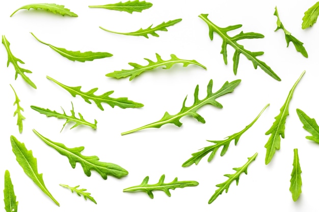 Texture of sprouts and leaves of green, natural, raw and freshly cut arugula (arugula) isolated on white background.