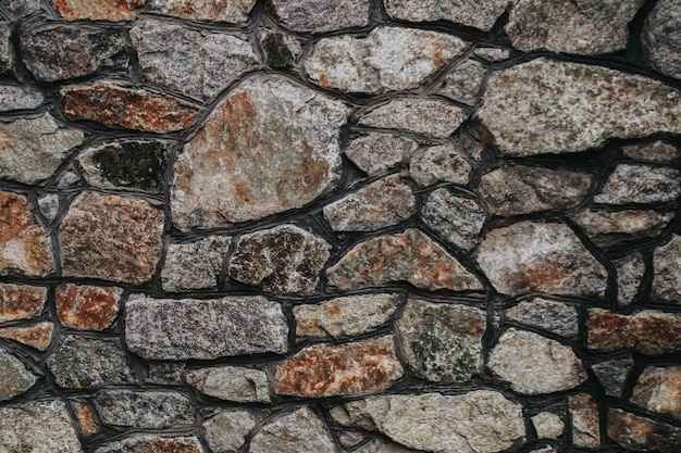 The texture of a stone medieval castle wall with natural defects scratches cracks crevices chips dus...