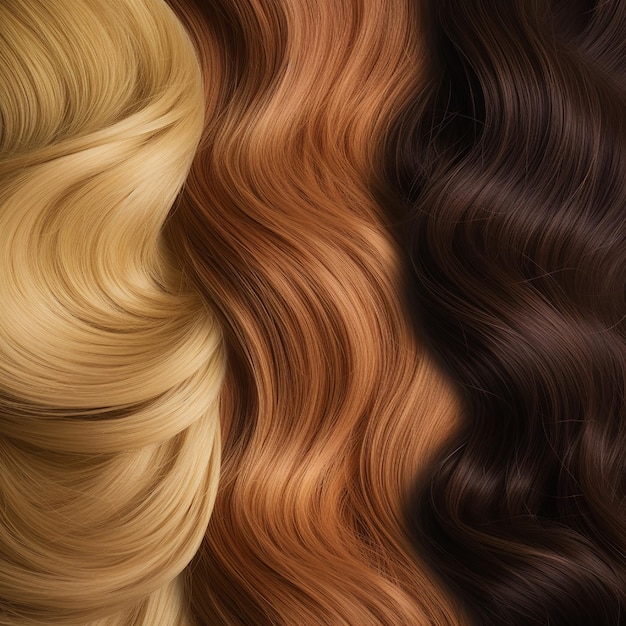 Texture of strands of curly hair of different colors and shades red blond chestnut brown