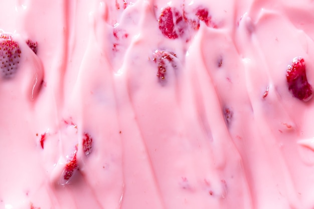 Texture yogurt alla fragola, close up fatto in casa rosa cremoso mirtillo o yogurt alla fragola texture backg