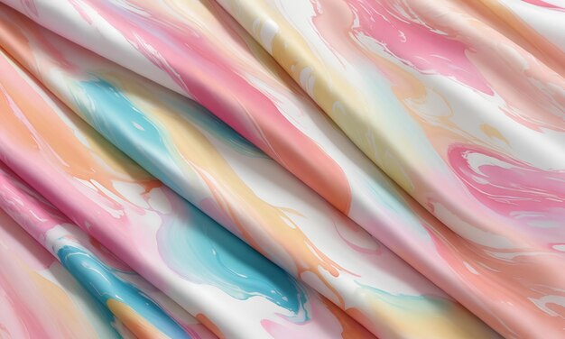 Photo the texture of thick liquid paints multicolored mass and shape smoothly merging with the texture of fabric and folds liquid textiles abstract color background pastel tones creamy delicate colors