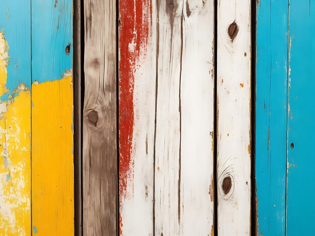 Texture of vintage wood boards with cracked paint of white red orange yellow cyan ai generated