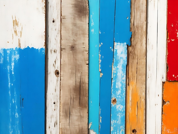 Texture of vintage wood boards with cracked paint of white red orange yellow cyan AI Generated