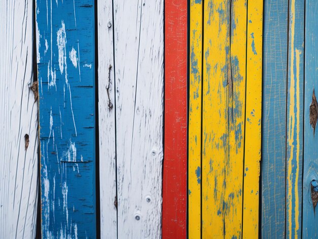 Texture of vintage wood boards with cracked paint of white red yellow and blue color Horizontal retro background with wooden planks of different colors