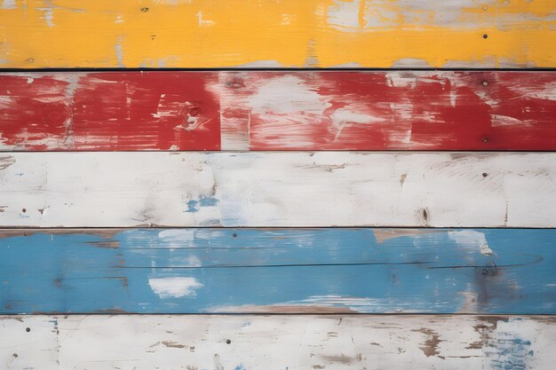 Texture of vintage wood boards with cracked paint of white red yellow and blue color Horizontal