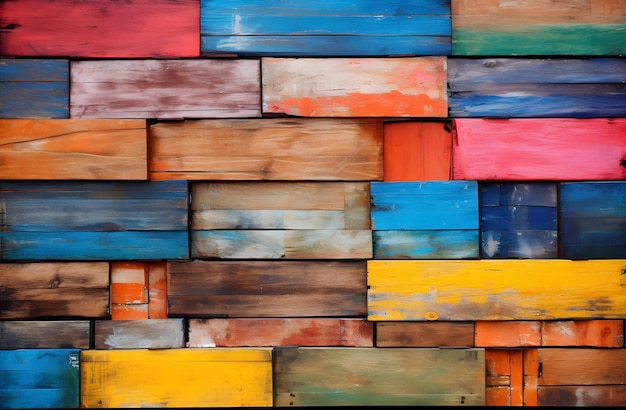 Texture of vintage wood boards with cracked paint of white red yellow and blue color