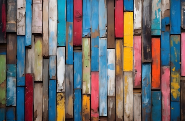 Texture of vintage wood boards with cracked paint of white red yellow and blue color