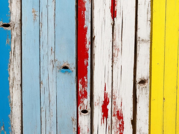 Texture of vintage wood boards with cracked paint of white red yellow and blue color