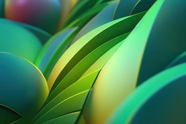 植物のような光と影を持つ 3D 幾何学的形状の緑と黄色のさまざまな色合いのテクスチャ 3D デジタル絵画