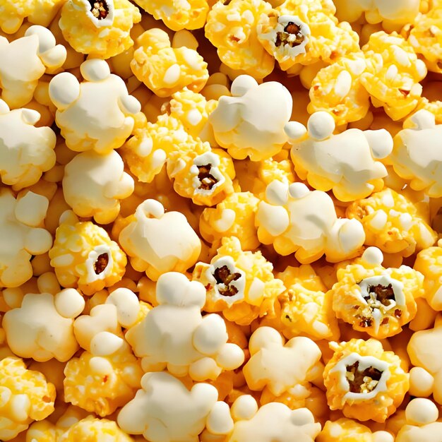 A texture of yellow and white popcorn that are crunchy