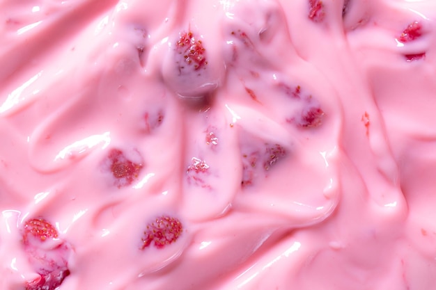 질감, 요구르트, 매크로, 분홍색 크림 홈메이드 블루베리 또는 딸기 요구르트 질감 bac를 닫습니다.