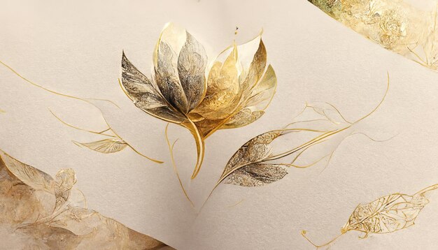 Textured abstract watercolor flowers with a golden sheen An elegant flower card or banner template with space for text 3D illustration