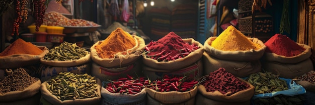 Textured assortment of vibrant spices in sacks market atmosphere