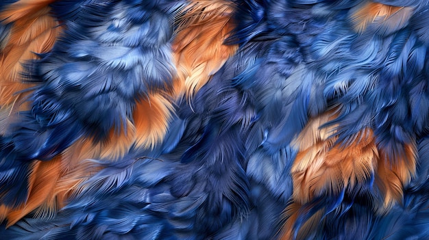 写真 ファッションとデザインのテーマのためにクローズアップで青とオレンジの羽のテクスチャーされた背景