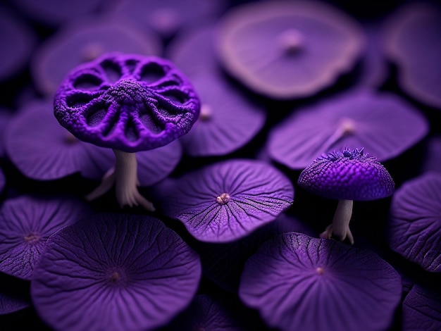 Textured background of purple mushrooms closeup macro photo with selective focus