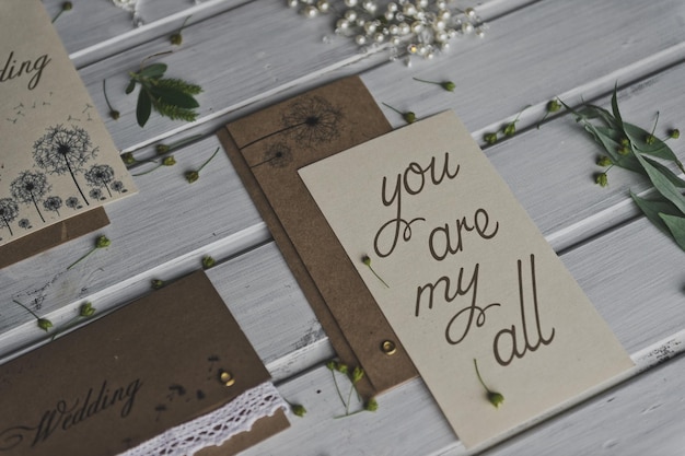 Photo textured card on the table with decorations 8777