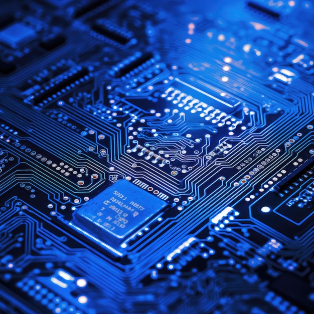 A textured closeup of a blue circuit board