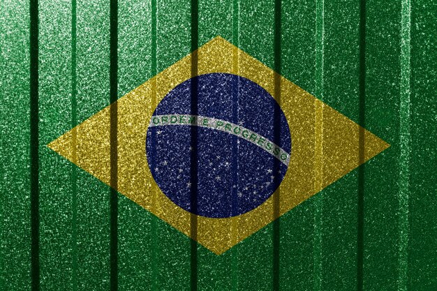 Textured flag of Brazil on metal wall Colorful natural abstract geometric background with lines