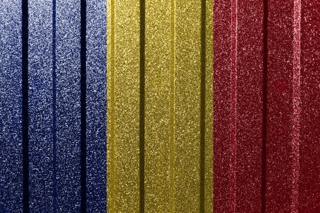 Textured flag of Romania on metal wall Colorful natural abstract geometric background with lines