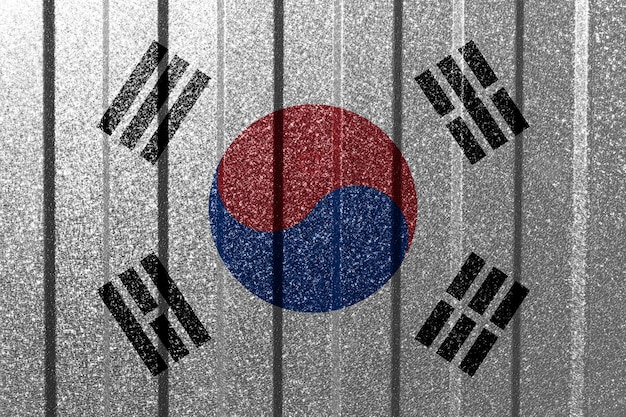 Textured flag of South Korea on metal wall Colorful natural abstract geometric background with lines