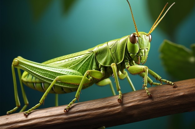 Textured leaf with a vivid green grasshopper and room for text