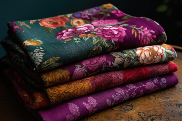 Textured Linen Fabric in Deep Jewel Tones with Bold Floral Prints