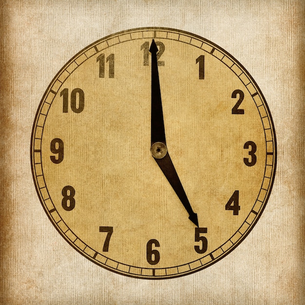 Textured old paper clock face showing 5 o'clock