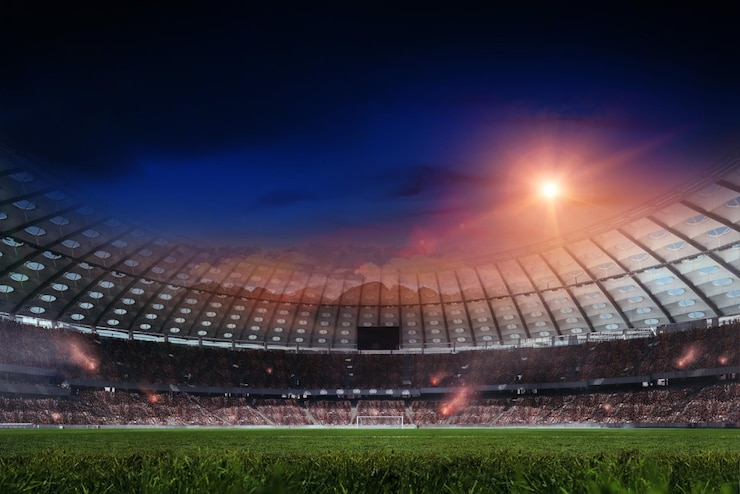 Photo textured soccer game field with neon fog center midfield empty soccer stadium with spotlight