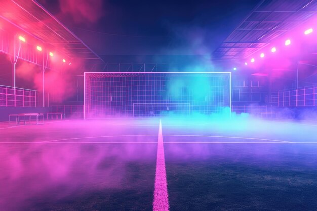 textured soccer game field with neon fog center midfield