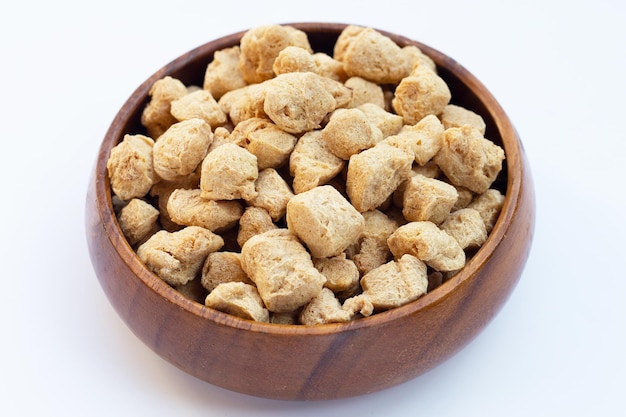 Textured soy protein on white background