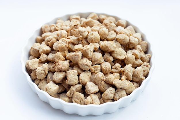 Textured soy protein on white background