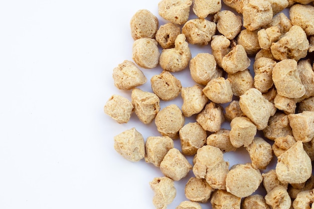 Textured soy protein on white background