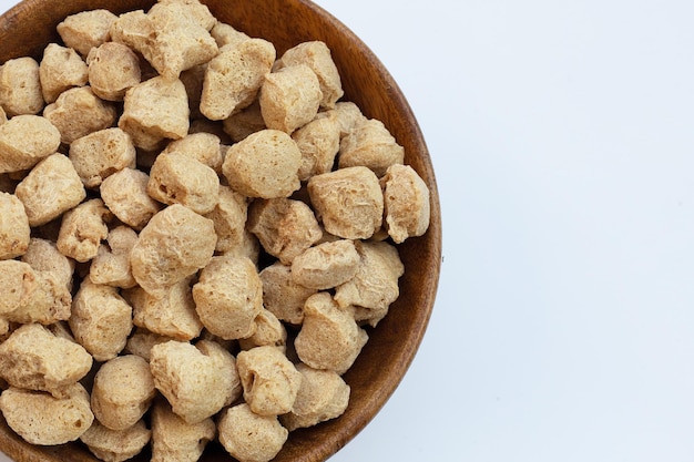 Textured soy protein on white background