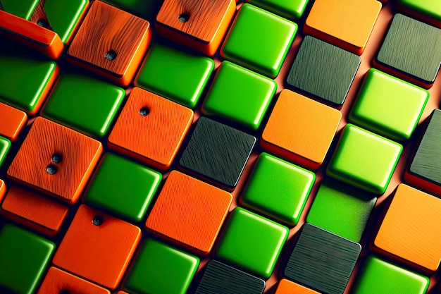 Текстурированная квадратная зеленая и оранжевая плитка узор d визуализирует цифровую иллюстрацию