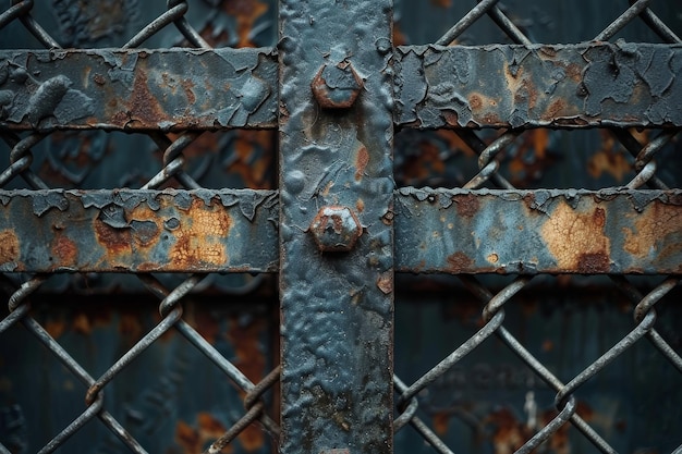 Textured surface of an aged and rusted metal fence with intertwined chains