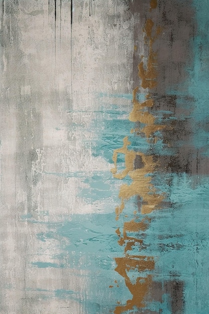 a textured wall with a golden texture and a blue and brown watercolor painting.