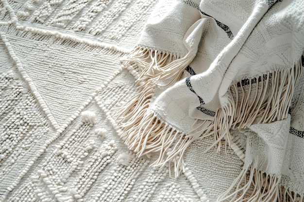Textured white rug showcasing high detail and craftsmanship ideal for interior design marketing and cozy home concepts Modern home textiles Close up view Generative AI
