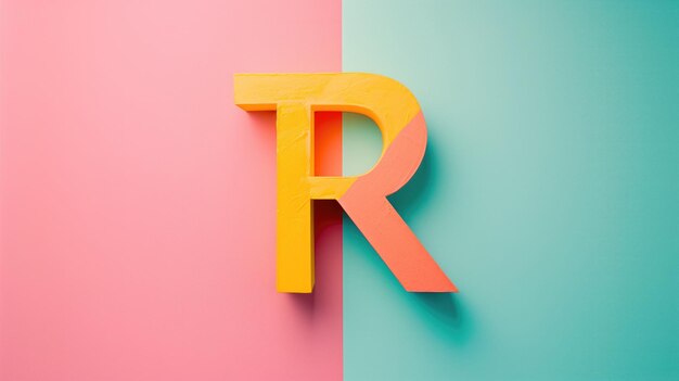 Textured yellow letter R against a pastel pink and blue background