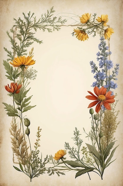 Textureerde oude papieren achtergrond met droge wilde bloemen en kruiden Kunst natuur Vintage stijl frame kaart