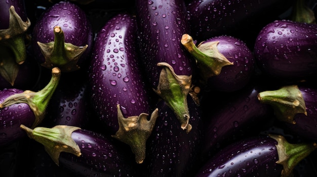 Photo texturerich compositions closeup of large purple eggplants with water droplets