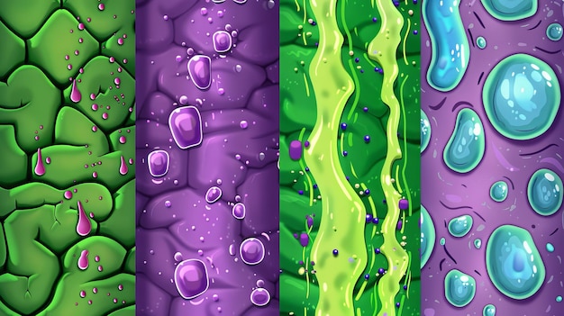 Textures for dripping green slime purple soap bubbles and repeating patterns for 3d backgrounds UI layers and closeups